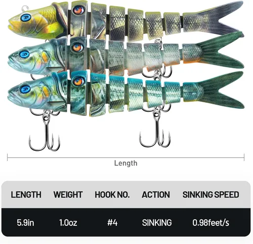 Miniatura 7 de Handing Señuelos de Natación para Lubina, Lucioperca y Lucio, 3 Piezas de Señuelos de Pesca Realistas con Múltiples Articulaciones con Ganchos
