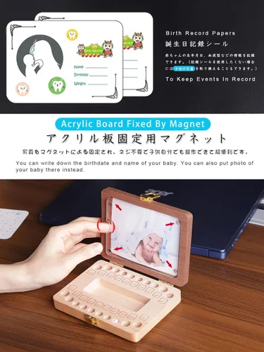 Miniatura 2 de Caja de recuerdo de dientes de bebé, caja de madera hecha a mano para guardar recuerdos de dientes con marco de fotos, adecuada para niños y niñas