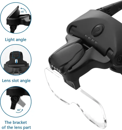 Miniatura 5 de Lupa para diadema con 4 luces LED, lupa de cabeza recargable con 5 lentes desmontables 1.0X, 1.5X, 2.0X, 2.5X 3.5X - Lupa iluminada manos libres