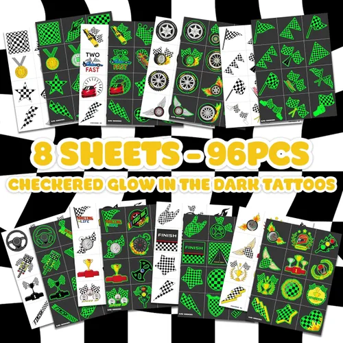 Miniatura 3 de 96 piezas de tatuajes temporales luminosos precortados con bandera a cuadros que brillan en la oscuridad para niños Recuerdos de fiesta