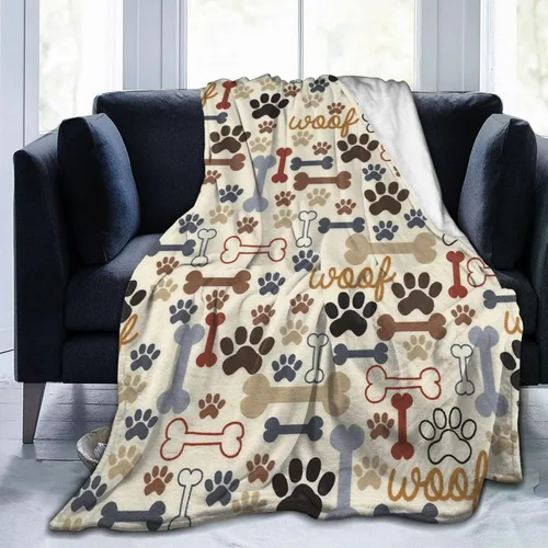 Manta de Franela de Forro Polar con Estampado de Patas y Huesos de Perro, Mantas de Felpa Suave para Sofá, Sillón, Dormitorio, Regalo 50"X40"