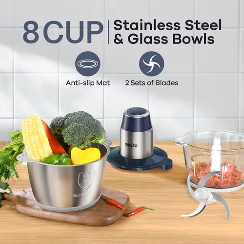 Miniatura 2 de GANIZA Procesadores de alimentos, picadora eléctrica con picadora de carne y picadora de verduras, 2 cuencos con potente motor de cobre, incluye 2