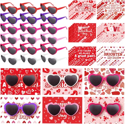Kathfly 30 juegos de tarjetas de San Valentín con lentes de sol de corazón a granel para regalos unisex (lentes de corazón multicolores)