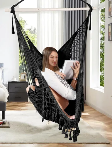 Miniatura 6 de Chihee Silla Hamaca Colgante Súper Grande de Cuerda de Algodón Hilado Suave Tejida, Barra Separadora de Metal Resistente Plegable Asiento Ancho Negro