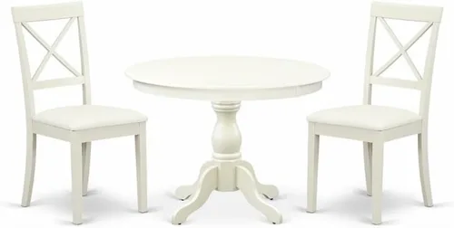East West Furniture HBBO3-LWH-C - Juego de mesa de comedor moderno de 3 piezas que contiene una mesa redonda de madera con pedestal y 2 sillas de