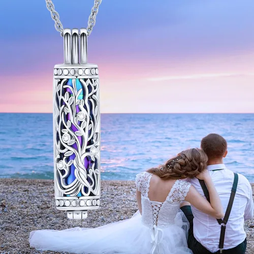 Miniatura 12 de shajwo Joyería de cremación cilíndrica, collar de cenizas de urna del árbol de la vida para mujeres y hombres, vial de cremación de cenizas