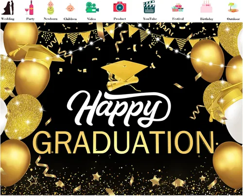 Miniatura 2 de Telón de fondo de graduación de 5 x 3 pies para sesión de fotos, globos negros y dorados de la clase de 2024, felicitaciones, fiesta de graduación