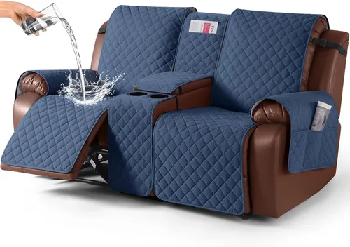 Miniatura 31 de KinCam Funda 100% Impermeable para Loveseat Reclinable con Consola, Fundas Antideslizantes para Sofá Reclinable de 2 Asientos, Funda para Sofá