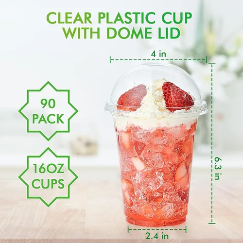 Miniatura 8 de Lilymicky 90 juegos de vasos de plástico transparente de 16 onzas con tapas de cúpula, vasos de plástico desechables de 16 onzas para café helado