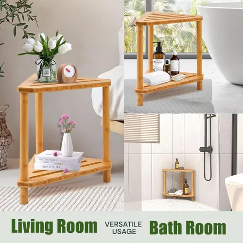 Miniatura 7 de Taburete de ducha de bambú de esquina, taburete de ducha impermeable de 2 niveles para dentro de la ducha, para afeitar las piernas, espacios