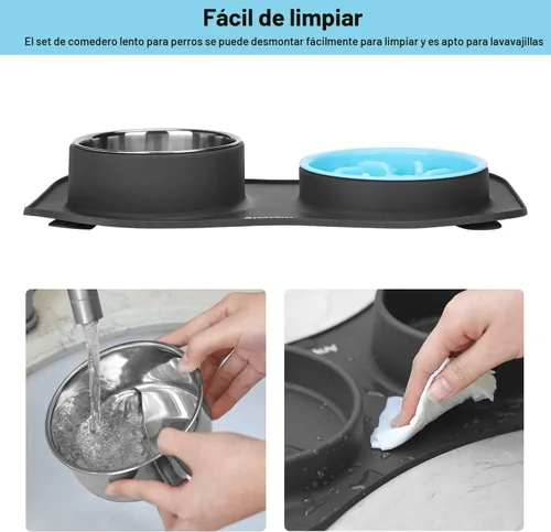 Miniatura 6 de Anipaw Cuencos de alimentación lenta para perros 3 en 1 de acero inoxidable para alimentos y agua con alfombrilla de silicona antideslizante
