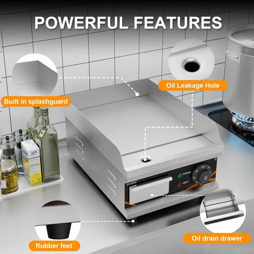 Miniatura 5 de Parrilla eléctrica comercial de 12 pulgadas, 1500 W con temperatura ajustable de 122 °F-572 °F, parrilla Teppanyaki antiadherente de acero
