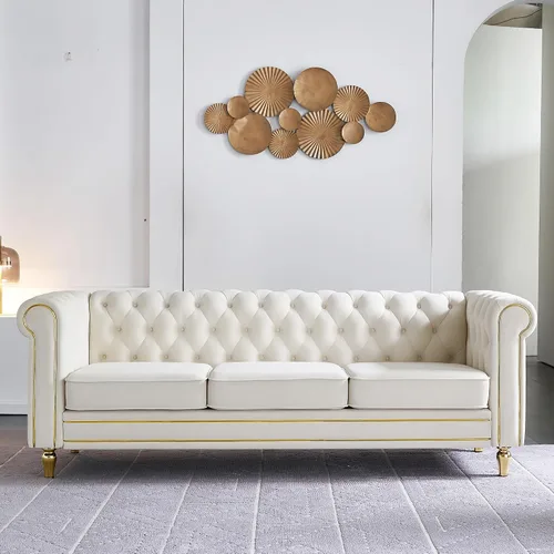 Miniatura 2 de Sofá Chesterfield de terciopelo de 84 pulgadas, sofá moderno de 3 plazas de mediados de siglo con brazos enrollados, marco de madera maciza y patas