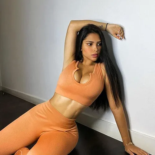 Miniatura 2 de QINSEN Conjuntos de entrenamiento para mujer 2 piezas acanalados sin costuras sin mangas cintura alta leggings de yoga