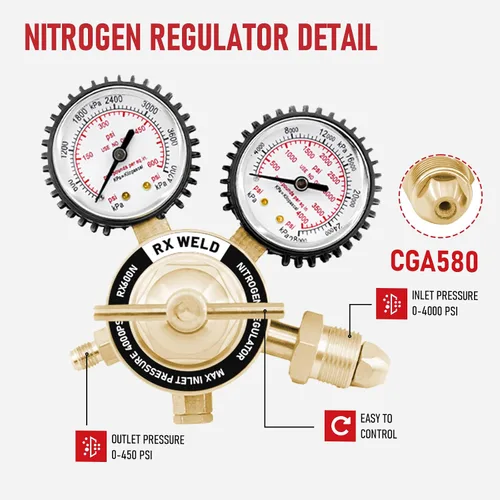 Miniatura 2 de RX WELD Regulador de nitrógeno con 0-600 PSI, entrada CGA580, conexión de salida abocinada macho de 1/4 de pulgada, regulador de tanque de nitrógeno
