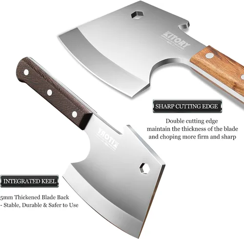 Miniatura 5 de Kitory Cuchilla de carne, cuchillo de corte de huesos resistente, hoja súper gruesa en forma de hachas de espiga completa, rompe huesos, cuchillo