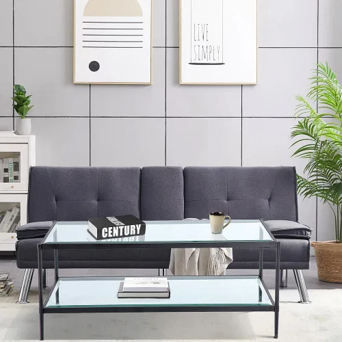 Miniatura 3 de Mesa de centro rectangular de cristal, mesa central de 2 niveles, mesa de café moderna para sala de estar, 43.3 x 23.62 pulgadas, color negro