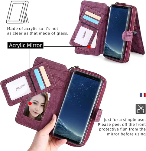 Miniatura 4 de Asuwish Funda de teléfono para Samsung Galaxy S8 Plus con cremallera, funda desmontable con protector de pantalla y soporte para tarjeta de espejo