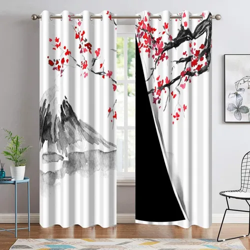 Miniatura 13 de Cortinas japonesas con pintura de tinta, monte Fuji, sol rojo, puesta de sol, hojas de bambú, cortinas de ventana para dormitorio, sala de estar