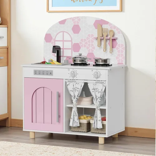 Arlopu Set de Cocina de Juego, Juego Interactivo de Chef de Simulación para Niños con Gabinete con Cortina, Estufa con Perillas que Hacen Clic, Rosa