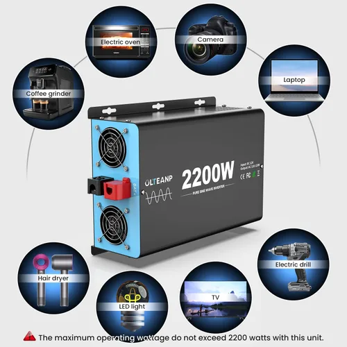 Miniatura 7 de OLTEANP Nuevo Inversor de onda sinusoidal pura de 2200 vatios actualizado, inversor de corriente de 12 V CC a 110 V CA con 4 salidas de CA, puerto
