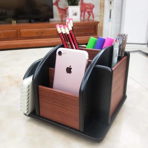 Miniatura 4 de Carrito giratorio de control remoto, soporte de pluma de madera para escritorio, suministros de oficina, almacenamiento de papelería, organizador