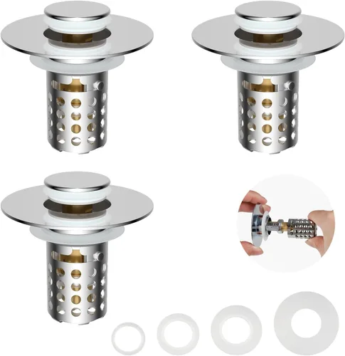 Miniatura 11 de Colador universal para desagüe de lavabo de baño atrapa cabellos, 2 piezas mejoradas con cesta de filtro de acero inoxidable extraíble, tapón