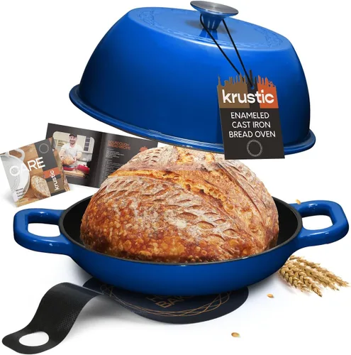 Krustic Horno holandés de hierro fundido esmaltado para hornear pan de masa madre, olla redonda de 6 cuartos de galón con tapa, juego de utensilios