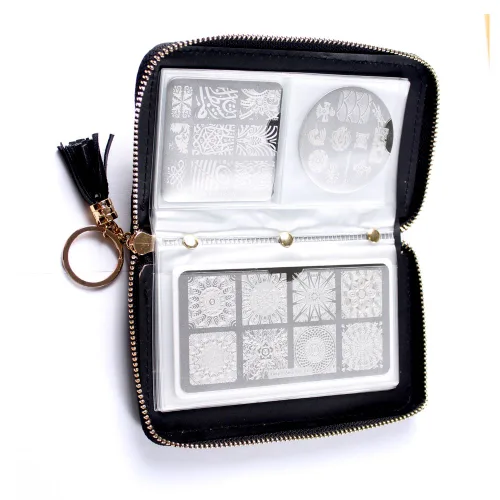 Miniatura 4 de Estuche para placa de estampado de uñas de 24 ranuras, redondo, cuadrado, rectangular, organizador de placa de sello de uñas, color rosa, negro