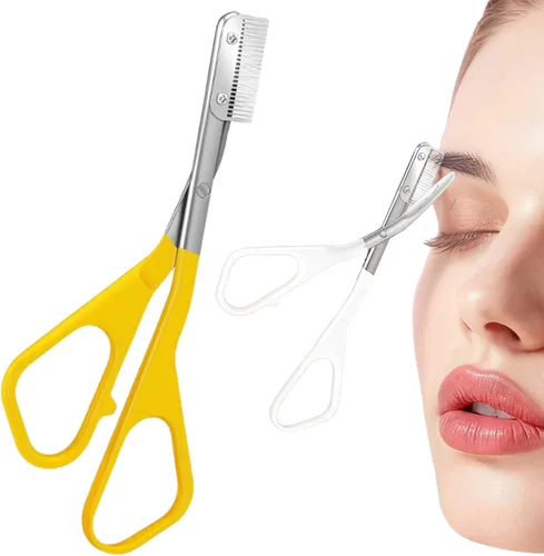 Tijeras de cejas con peine, 2026 nuevas tijeras de cejas para mujeres, cortador de cejas de acero inoxidable de precisión para depilación y Amarillo