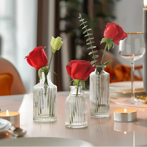 Miniatura 8 de ComSaf Juego de jarrones de brotes de vidrio de 3, jarrones de flores pequeños a granel, jarrones mini acanalados para centros de mesa, jarrón