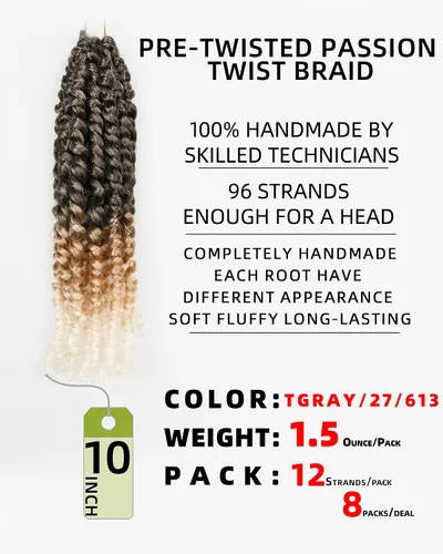 Miniatura 3 de 10 Pulgadas 8 Paquetes Cabello Corto Passion Twist de Crochet para Mujeres Negras y Niños - 3 Tonos Ombre de Gris a Rubio a Blanco, Extensión