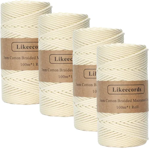 Miniatura 11 de Cordón de Algodón Trenzado 3mm x 109 yardas - Cuerda de Macramé Colorida para Manualidades, Ganchos, Colgantes de Pared - 100% Algodón Natural