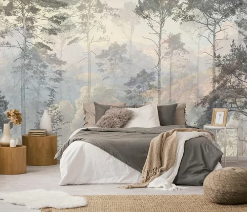 Toolhom - Mural de pared de bosque nebuloso, papel tapiz de paisaje natural abstracto, patrones de decoración de pared de fondo (no autoadhesivo)