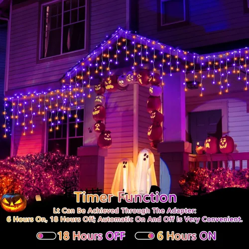 Miniatura 5 de Luces de Halloween para exteriores de 52 pies, 480 luces LED de Halloween moradas y naranjas, 12 modos de iluminación con temporizador de memoria