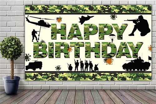 Miniatura 5 de Cartel de feliz cumpleaños de camuflaje de 6 x 3.6 pies, telón de fondo de cumpleaños de camuflaje militar, decoraciones de fiesta temática de Perro