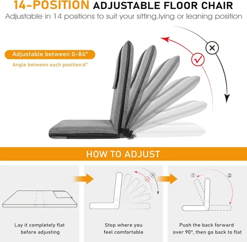 Miniatura 3 de Silla de Piso con Soporte para la Espalda, Silla de Piso Ajustable de 14 Posiciones, Asiento Portátil en el Suelo para Adultos y Niños, Asiento