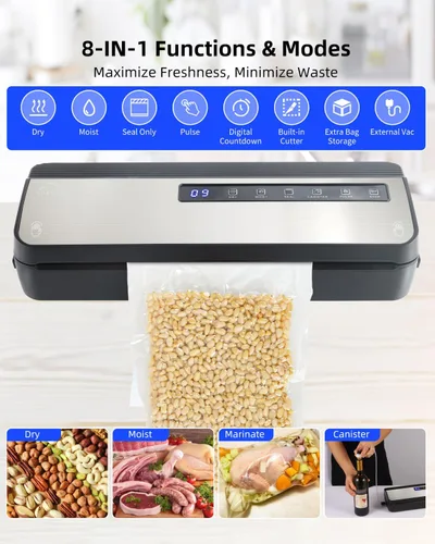 Miniatura 3 de Máquina selladora al vacío para alimentos, 80KPA Potente sellador automático de alimentos 8 en 1 con modos seco y húmedo, almacenamiento de bolsas