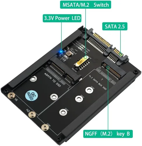 Miniatura 2 de HLT MSATA y B Key/B&M Key SSD 2 en 1 a SATA III de 2.5" con soporte de marco - Conserva mSATA SSD como unidad SATA de 0.276 in 2.5