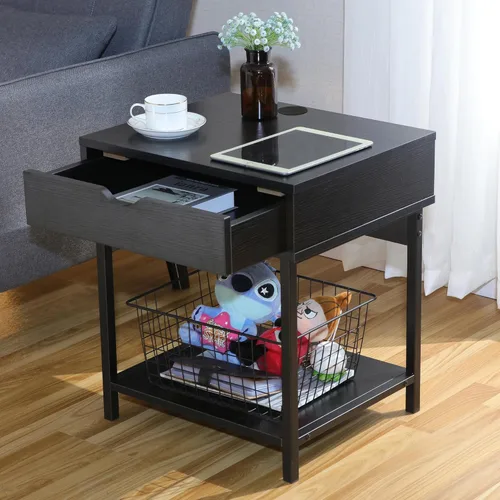 Miniatura 8 de JJS Mesa auxiliar auxiliar, mesita de noche, mesita de noche con cajón y estantes de almacenamiento, mesa de sofá para sala de estar, dormitorio