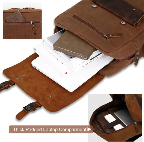 Miniatura 4 de Modoker Mochila de lona encerada, mochila de cuero para hombres y mujeres, mochila vintage de viaje para laptop de 15.6 pulgadas, mochila retro