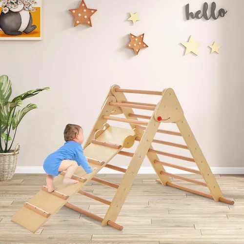 Miniatura 2 de Olakids Conjunto Triángulo Pikler 3 en 1 Juguetes de Escalada para Niños Pequeños Madera Plegable Montessori Gimnasio de Selva para Bebés con Rampa