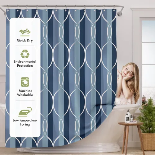 Miniatura 2 de AmazerBath Cortina de ducha azul, juegos de cortinas de ducha geométricas de tela con 12 ganchos para cortina de ducha, cortinas de ducha de Rayas