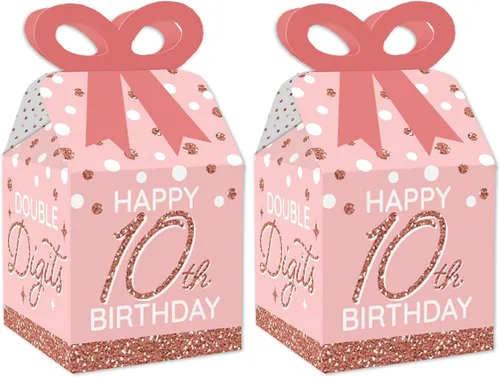 Big Dot of Happiness 10º cumpleaños de oro rosa rosa – Cajas de regalo cuadradas – Cajas de lazo para fiesta de feliz cumpleaños – Juego de 12