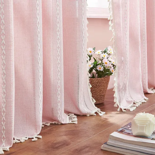 Miniatura 17 de 2 paneles de cortinas de lino semiopacas para ventana, bohemias y rústicas, con rayas bordadas y bolsillo para cortinero, para sala de estar