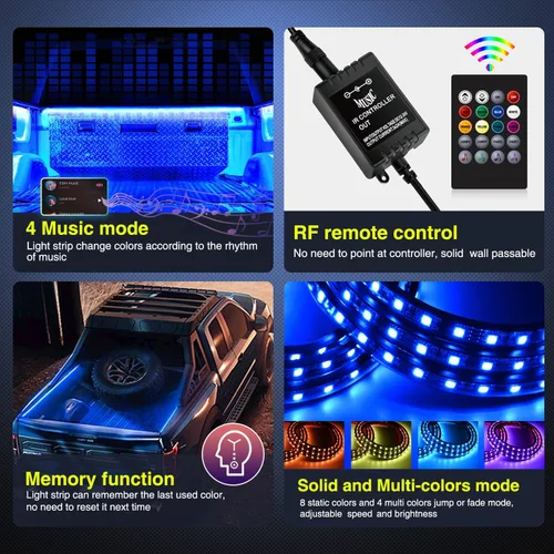 Miniatura 4 de Nilight Juego de 3 tiras de luz RGB de 60 pulgadas para cama de camión, 270 LED de neón de acento con control remoto RF, interruptor de encendido