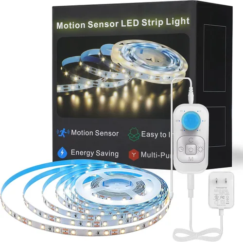 Tira de luz LED con sensor de movimiento, iluminación debajo del gabinete con adaptador de corriente, 6 luces ajustables de brillo y temporizador,