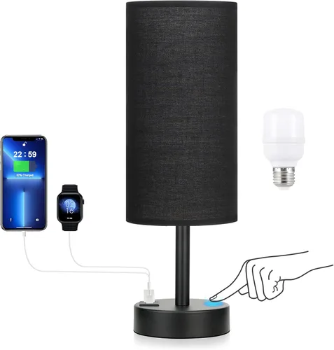 Lámparas de mesita táctiles negras para niñas - Lámpara de noche pequeña con puertos de carga USB-C y USB, lámpara de mesa de control de 3 vías