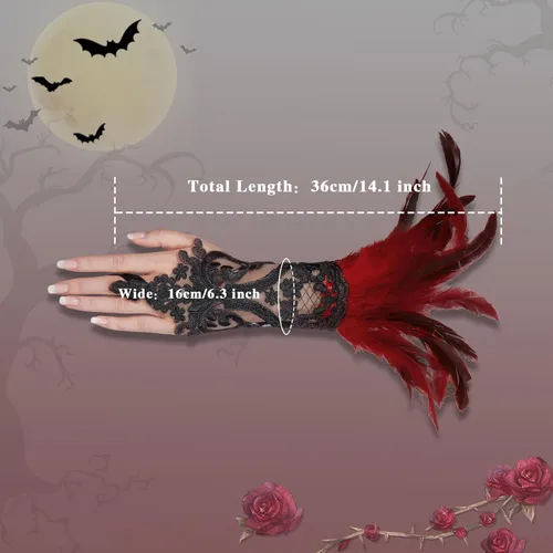 Miniatura 6 de Komorebi Guantes largos de encaje con plumas de Halloween para mujer, guantes de encaje para disfraz de bruja, guantes de codo de malla