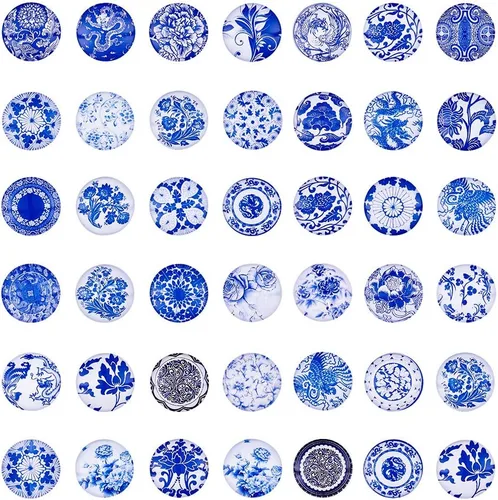 Craftdady 200 unidades de cabujones de cristal con estampado de flores azules y blancas de 0.394 in con parte trasera plana media redonda para